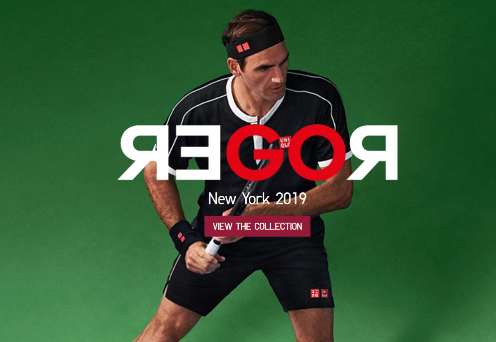 Roger Federer performing in full Uniqlo gear: headband, shirt, shorts, and wristbands
