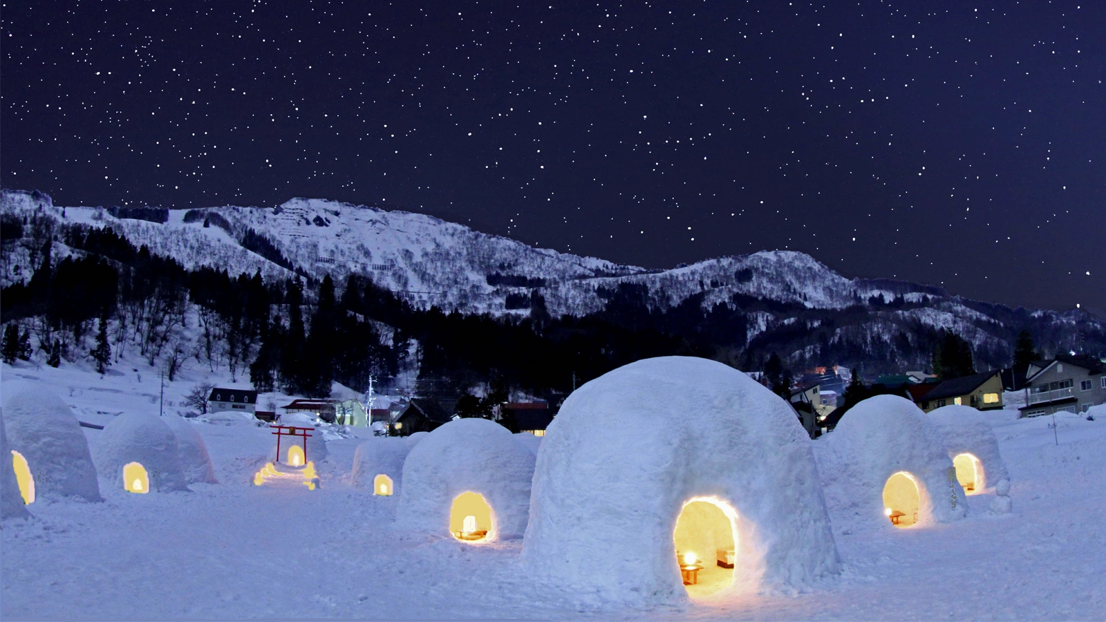 Igloos in snowy village at night